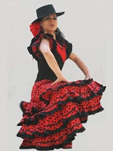 CB Traje de Flamenca, faralaes, sevillana. Mujer, Talla M (48). (Rojo y Negro)