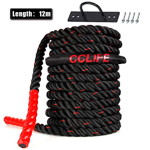 CCLIFE Cuerda de Batalla Entrenamiento Battle Rope Cuerda Batalla Crossfit 9m 12m 15m, Tamaño:12M Cuerda Batalla Negra con Roja