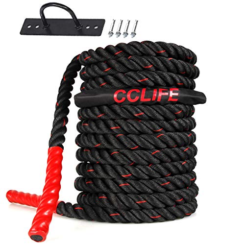 CCLIFE Cuerda de Batalla Entrenamiento Battle Rope Cuerda Batalla Crossfit 9m 12m 15m, Tamaño:12M Cuerda Batalla Negra con Roja