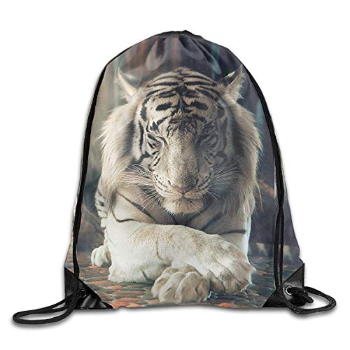Ccsoixu Drawstring Bags Sleeping White Tiger White Print ShoulderDrawstring Bag，Drawstring Bag Sport Gym Backpack Gym Bag for Men and Women