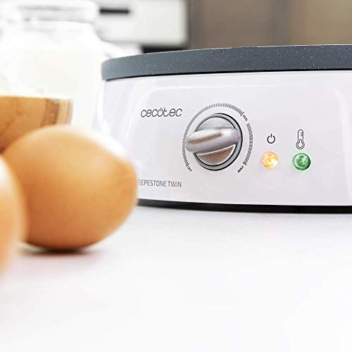 Cecotec Crepera Fun Crepestone Twin. 1200 W, Placa Reversible con Revestimiento Antiadherente RockStone, Termostato Regulable, Rodillo Esparcidor y Espátula Incluidos, 30,5 cm