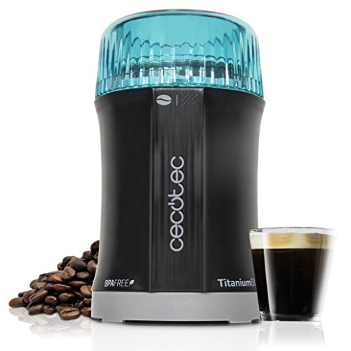 Cecotec Molinillo de Café y Especias TitanMill 200, Compacto, 200 W, Cuchillas recubiertas de Titanio, Capacidad de 50 gr, 10 Tazas de Café, Recipiente de acero cepillado, Sin tóxicos