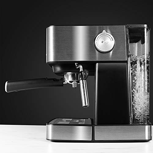 Cecotec Power Espresso 20 Matic Cafetera, Presión 20 Bares, 1,5L, Brazo Doble Salida, Vaporizador, Superficie Calientatazas, Mandos Digitales, Acabados en Acero Inoxidable, 850W, Negro/Plata