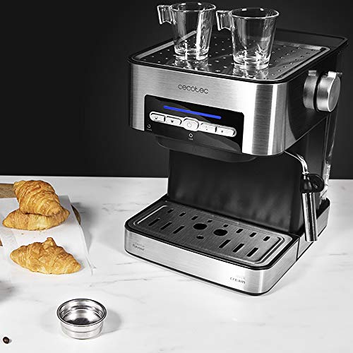 Cecotec Power Espresso 20 Matic Cafetera, Presión 20 Bares, 1,5L, Brazo Doble Salida, Vaporizador, Superficie Calientatazas, Mandos Digitales, Acabados en Acero Inoxidable, 850W, Negro/Plata