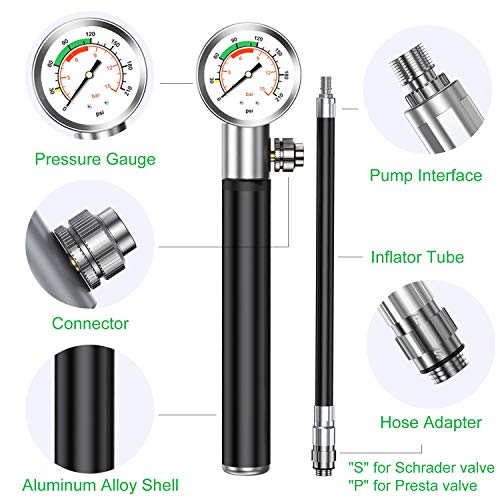 Cenawin Mini Bomba Bicicleta, Bomba Aire 210 PSI con Manómetro, Bomba Marco Bicicleta, Bomba Manual para válvulas Presta / Dunlop / Schrader, Bicicletas Montaña, Bicicletas Carrera, Bicicletas Niños