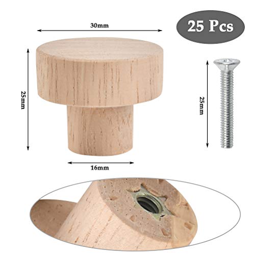 CENBEN 20pcs Pomos Redondos de Madera para Puerta de Armarios Pomos para Armario 3x2.5cm Tiradores Redondos para Cajón Perillas Redondas de Madera