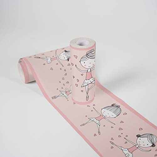 Cenefa adhesiva para habitación infantil, diseño de bailarina, color rosa, blanco y negro