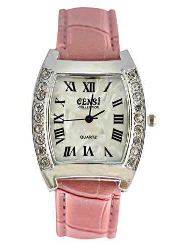 Censi Mujeres taquilla Diamante Gran dial Correa de Cuero Reloj analógico números Romanos japonés Cuarzo Hebilla Corchete batería Extra (Rosa)