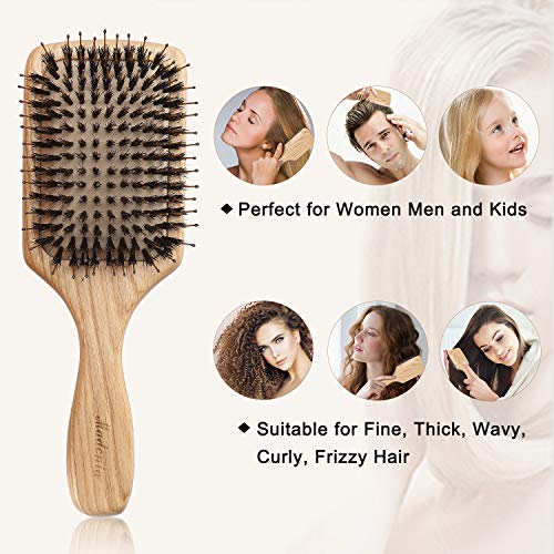 Cepillo de pelo de madera con cerdas de jabalí [Aprobado por la FDA] para con cabello fino, grueso, ondulado, rizado. Masaje no estático del cuero cabelludo Detangling Paddle Design Hairbrush.