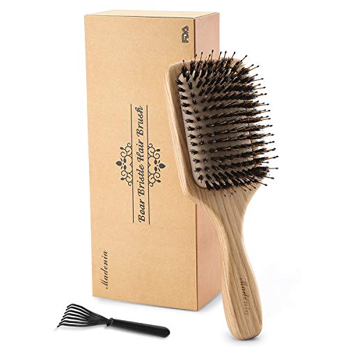Cepillo de pelo de madera con cerdas de jabalí [Aprobado por la FDA] para con cabello fino, grueso, ondulado, rizado. Masaje no estático del cuero cabelludo Detangling Paddle Design Hairbrush.