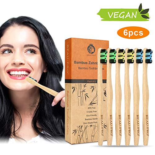 Cepillo Dientes Bambu, Paquete de 6 Cepillos de Dientes de Bambú, 100% Libre de BPA, Cepillos de Dientes Naturales y Veganos, Sostenibles, Biodegradables, Cepillos de Bambú para Una Mejor Limpieza