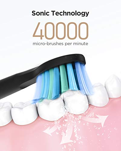 Cepillo Electrico Dientes-Fairywill D7 Cepillo Dientes Sonico con 5 Modos de Cepillado, Carga 4 Horas por 30 Días, 3 Recambio Cabezales, IPX7 Impermeable Negro