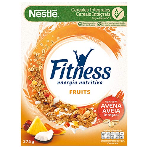 Cereales NESTLÉ Fitness Fruits - Copos de trigo integral, arroz y avena integral tostados con frutas - 1 paquete de cereales de 375g