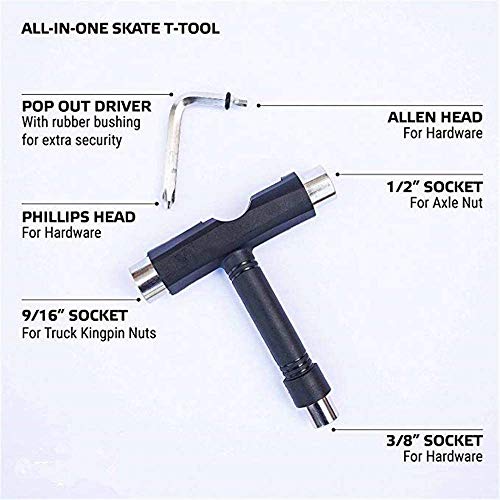 CESHMD Llave en T para monopatín, con llave Allen, rodamientos de bolas de 608 zz, 4 piezas + tornillos de monopatín, 8 piezas, llaves hexagonales, herramienta para monopatín, monopatín, longboard