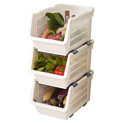 Cesta de apilamiento de almacenamiento Juego de 3 estantes de plástico apilable Rack de almacenamiento Apilamiento de la cesta apilable Grandes cestas de almacenamiento de apilamiento, Color Beige