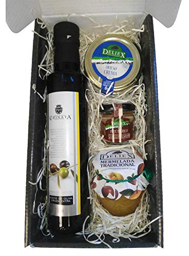 Cesta de productos gourmet para Navidad con aceite de oliva virgen extra 250 ml en vidrio, crema de queso de oveja natural 110 g, paté ibérico DELIEX en formato de 30 g y mermelada