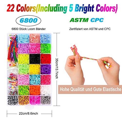 CGBOOM 6800 Bandas de Goma para Hacer Pulseras, Pulseras Gomas Niños, 22 Colores, DIY Cintas de Telar Kit de Pulseras con Bandas de Telar Pulsera Collar Herramienta de Tejer Juguetes de DIY