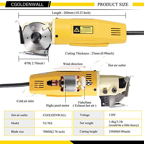 CGOLDENWALL Cortador de Tela Eléctrico YJ-70A 2400RPM Tijera Eléctrico Portátil丨25mm Grosor Máximo de Corte丨70mm Tamaño de cuchilla丨Ideal para Textil Cuero Papel con Cuchilla Repuesto