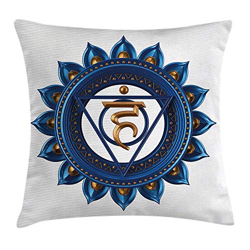 Chakra Decor Throw Pillow Cushion Cover, Vintage Power Sign Graphic Sacred Center of Vital Energy Decor, Decorative Square Accent Pillow Case, Blue Gold 20x20in