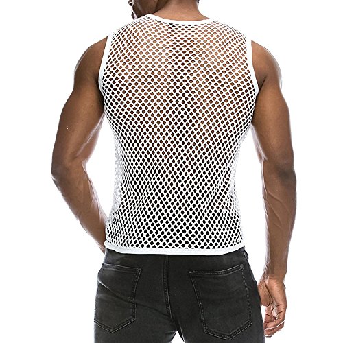 Chaleco Camiseta de Malla Hombre Lencería Erótica Fishnet Transparente Sin Mangas Top Apretada Muscular Traje de Fiesta Clubwear T Shirt Transpirable Verano Tanque Slim Fit(Blanco,S)