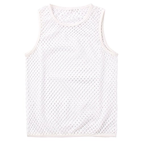 Chaleco Camiseta de Malla Hombre Lencería Erótica Fishnet Transparente Sin Mangas Top Apretada Muscular Traje de Fiesta Clubwear T Shirt Transpirable Verano Tanque Slim Fit(Blanco,S)