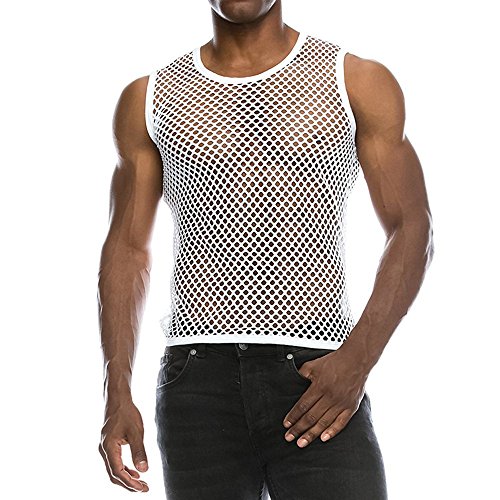 Chaleco Camiseta de Malla Hombre Lencería Erótica Fishnet Transparente Sin Mangas Top Apretada Muscular Traje de Fiesta Clubwear T Shirt Transpirable Verano Tanque Slim Fit(Blanco,S)