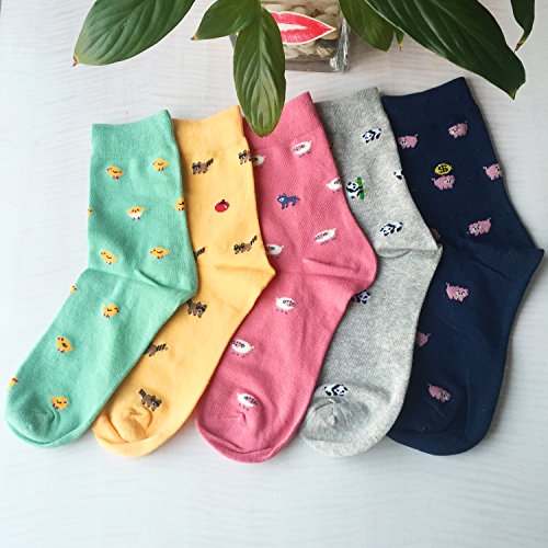 Chalier Pack de 5 Calcetines Mujer Divertidos Originales Animales Lindos Estampados Ocasionales de Algodón para Niña y Mujer