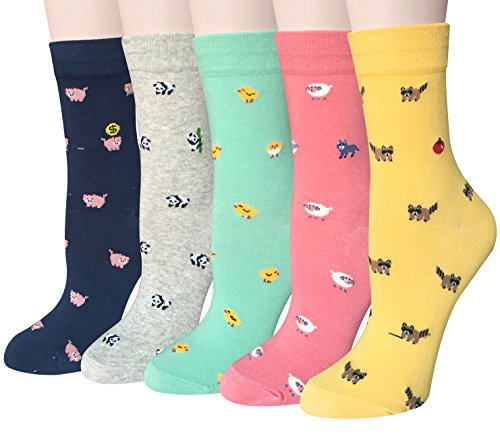 Chalier Pack de 5 Calcetines Mujer Divertidos Originales Animales Lindos Estampados Ocasionales de Algodón para Niña y Mujer