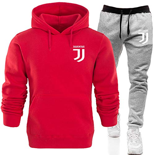 Chándal deportivo para hombre Chaqueta y pantalón de 2 piezas Suéter Sudadera con capucha Primavera y otoño Chaqueta con estampado de vellón y capucha Traje deportivo-Rojo + gris_Extragrande