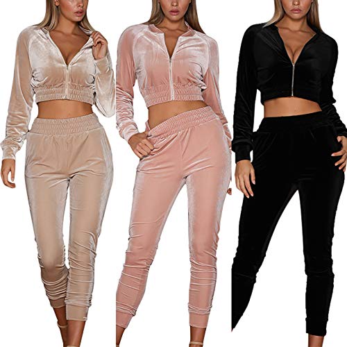 Chándal Mujer 2 Piezas Ropa Deportiva de Terciopelo Chaqueta Corta de Manga Larga Sudadera sin Capucha Pantalones Largos de Cintura Alta Otoño Invierno Yoga Gimnasio Jogging Fitness (Beige, S)