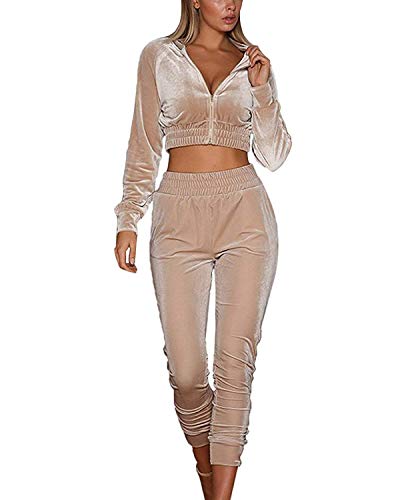 Chándal Mujer 2 Piezas Ropa Deportiva de Terciopelo Chaqueta Corta de Manga Larga Sudadera sin Capucha Pantalones Largos de Cintura Alta Otoño Invierno Yoga Gimnasio Jogging Fitness (Beige, S)