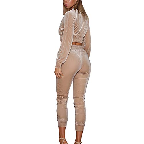 Chándal Mujer 2 Piezas Ropa Deportiva de Terciopelo Chaqueta Corta de Manga Larga Sudadera sin Capucha Pantalones Largos de Cintura Alta Otoño Invierno Yoga Gimnasio Jogging Fitness (Beige, S)