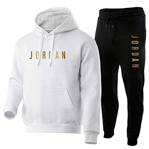 Chándal para Hombre Completo，niños Jordan 2 Piezas Conjunto De Ropa Deportiva De Arriba Y Abajo, Clásico CómodoManga Larga Sudadera con Capucha De Baloncesto Y Ejerc White+Black-L