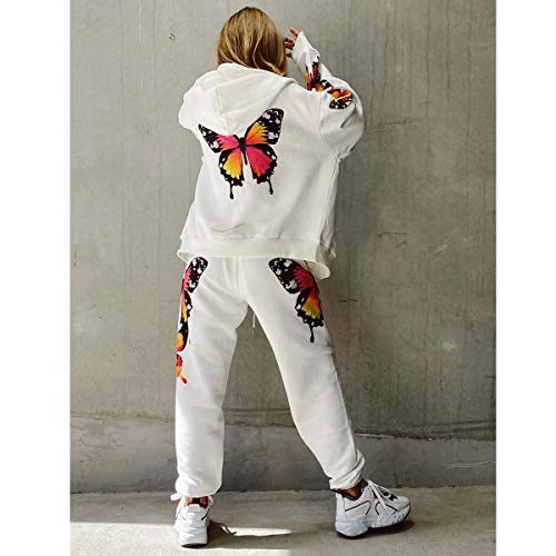 Chándal para Mujer 2 Piezas Set Chándales Completo Manga Larga Deportivos + Pantalones Largos con Mariposa para Casual, Gimnasio, Entrenamiento (Blanco, M)