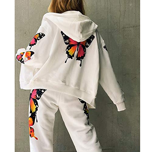 Chándal para Mujer 2 Piezas Set Chándales Completo Manga Larga Deportivos + Pantalones Largos con Mariposa para Casual, Gimnasio, Entrenamiento (Blanco, M)