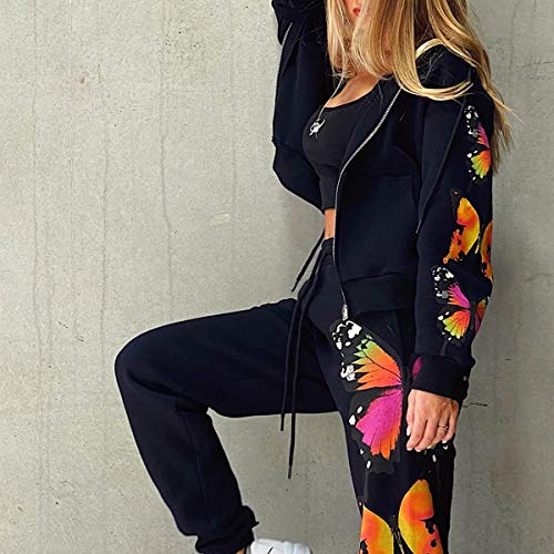 Chándal para Mujer 2 Piezas Set Chándales Completo Manga Larga Deportivos + Pantalones Largos con Mariposa para Casual, Gimnasio, Entrenamiento (Negro, L)