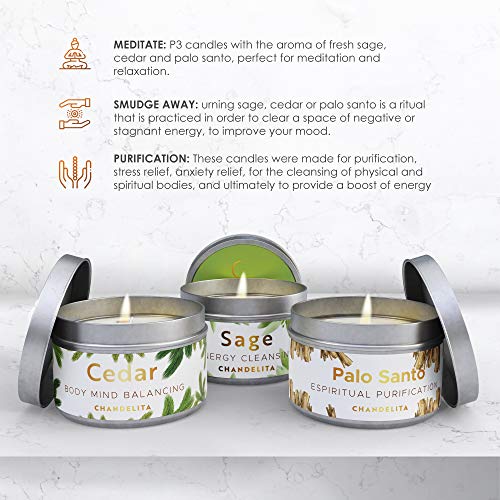 CHANDELITA Velas Aromáticas Perfumadas de Salvia, Cedro y Palo Santo para Limpiar la Energia, Sanar Espiritualmente, Combatir el Cansancio y el Hastio y Mejorar la Relajación, Meditación y los Chakras CHANDELITA Velas Aromáticas Perfumadas de Salvia, Cedro y Palo Santo para Limpiar la Energia, Sanar Espiritualmente, Combatir el Cansancio y el Hastio y Mejorar la Relajación, Meditación y los Chakras