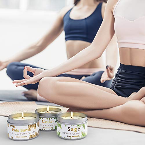 CHANDELITA Velas Aromáticas Perfumadas de Salvia, Cedro y Palo Santo para Limpiar la Energia, Sanar Espiritualmente, Combatir el Cansancio y el Hastio y Mejorar la Relajación, Meditación y los Chakras