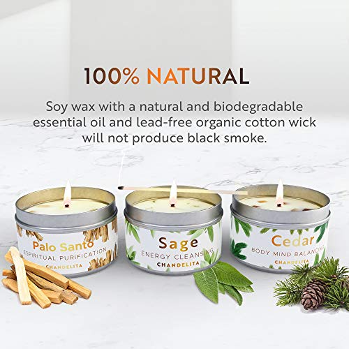 CHANDELITA Velas Aromáticas Perfumadas de Salvia, Cedro y Palo Santo para Limpiar la Energia, Sanar Espiritualmente, Combatir el Cansancio y el Hastio y Mejorar la Relajación, Meditación y los Chakras CHANDELITA Velas Aromáticas Perfumadas de Salvia, Cedro y Palo Santo para Limpiar la Energia, Sanar Espiritualmente, Combatir el Cansancio y el Hastio y Mejorar la Relajación, Meditación y los Chakras