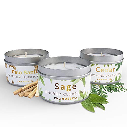 CHANDELITA Velas Aromáticas Perfumadas de Salvia, Cedro y Palo Santo para Limpiar la Energia, Sanar Espiritualmente, Combatir el Cansancio y el Hastio y Mejorar la Relajación, Meditación y los Chakras CHANDELITA Velas Aromáticas Perfumadas de Salvia, Cedro y Palo Santo para Limpiar la Energia, Sanar Espiritualmente, Combatir el Cansancio y el Hastio y Mejorar la Relajación, Meditación y los Chakras