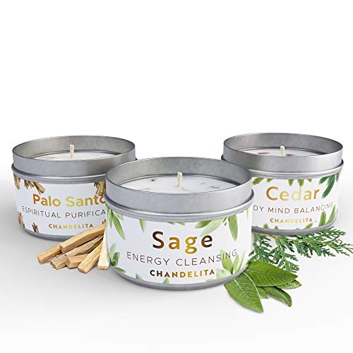 CHANDELITA Velas Aromáticas Perfumadas de Salvia, Cedro y Palo Santo para Limpiar la Energia, Sanar Espiritualmente, Combatir el Cansancio y el Hastio y Mejorar la Relajación, Meditación y los Chakras