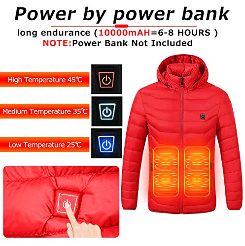 Chaqueta con Calefacción,Chaqueta Eléctrica Con Calefacción Ropa Calentada Para Hombre y Mujer con Carga USB Invierno Abrigo cálido térmica para Ciclismo para Camping Senderismo Esquí Pesca (Rojo, XL)