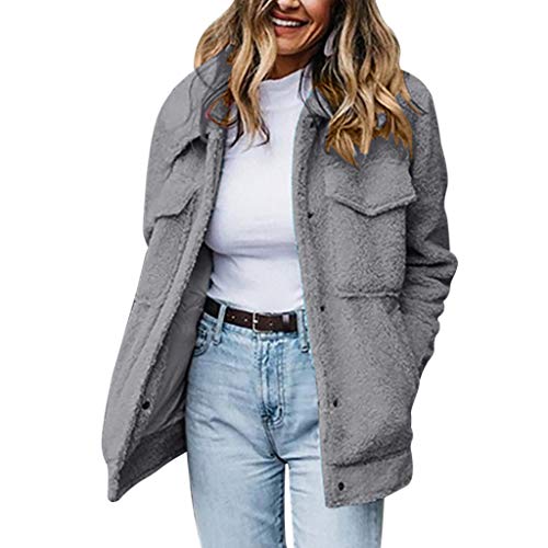 Chaqueta De Mujer OtoñO Invierno Faux Shearling Abrigo CáLido Color SóLido Manga Larga Abrigo Grueso Abrigo De Peluche Talla Grande Rompevientos Chaqueta De Bolsillo Fiesta Chaqueta Casual(Gris,M)