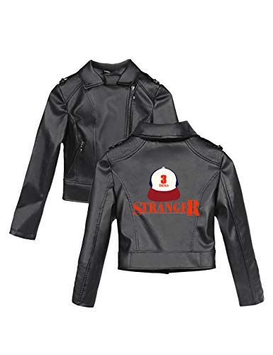 Chaqueta Stranger Things Mujer, Chaqueta de Cuero PU Stranger Things Chaqueta Corta Temporada 3 Niña Chaqueta con Bolsillos con Cremallera Impresión Sudadera Series de Television Regalos (Negro-B,M)