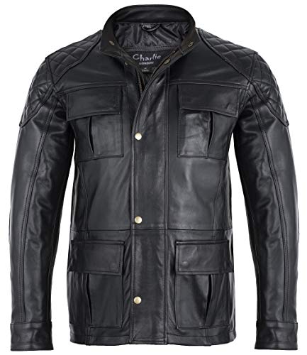 Charlie LONDON Chaqueta larga para hombre de piel negra suave para motociclista, chaqueta de tres cuartos de brontes Charlie LONDON Chaqueta larga para hombre de piel negra suave para motociclista, chaqueta de tres cuartos de brontes