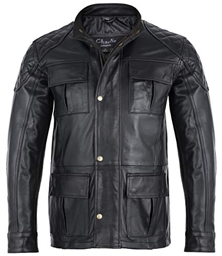 Charlie LONDON Chaqueta larga para hombre de piel negra suave para motociclista, chaqueta de tres cuartos de brontes