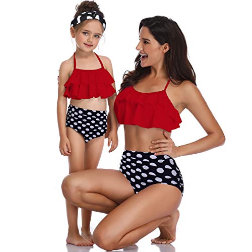 ChayChax Traje de Baño Mujer Niñas Lindo Conjunto de Bikini Madre e Hija Familia Volantes Talle Alto Trajes de Baño, Rojo, 5-6 años (128)