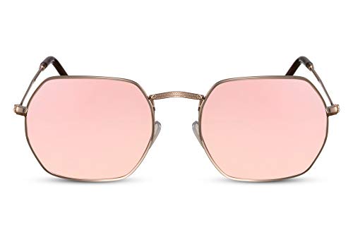 Cheapass Gafas de Sol Montura Octogonal Dorada Pink Mirrored Metal UV400 Hombres Mujer