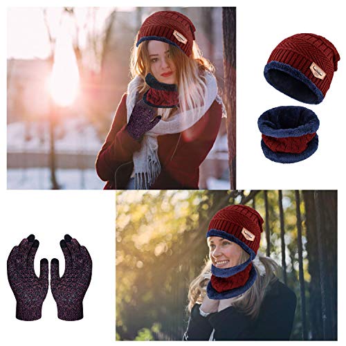 CheChury Bufanda Gorro Guantes Beanie Unisexo Set de Bufanda Conjunto de Guantes Táctiles Antideslizante Punto Sombreros Invierno Regalos Hombre Mujer