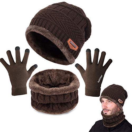 CheChury Bufanda Gorro Guantes Beanie Unisexo Set de Bufanda Conjunto de Guantes Táctiles Antideslizante Punto Sombreros Invierno Regalos Hombre Mujer